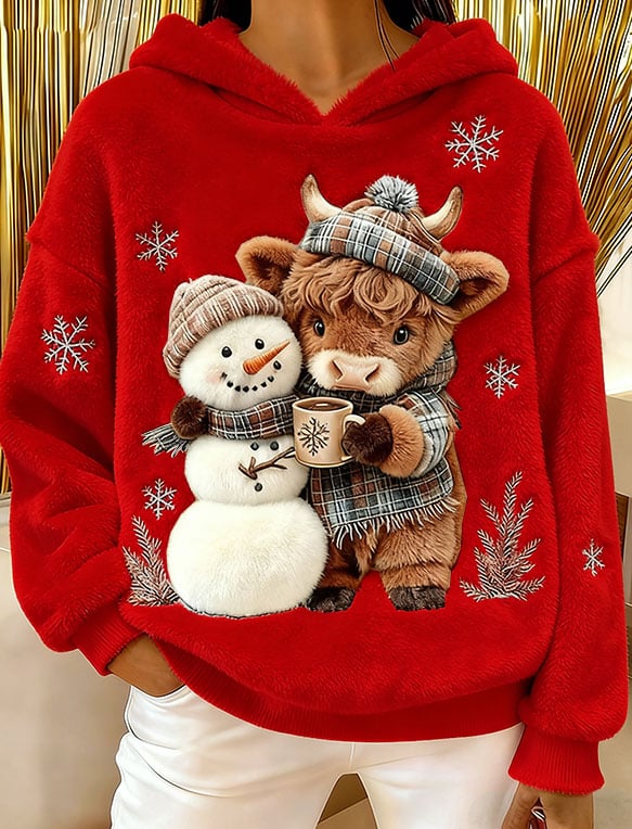 Women's Highland Cow Snowman Flannel Hooded Sweatshirt