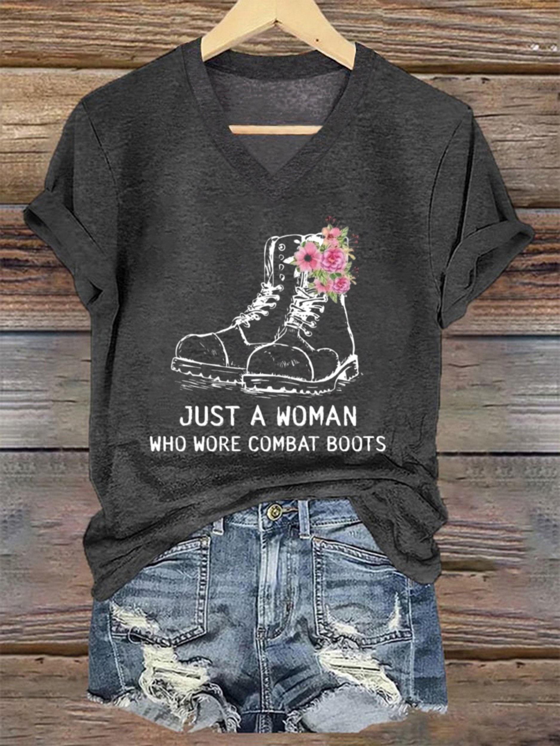 Women's Just A Woman In Combat Boots Printed Short-Sleeved T-Shirt