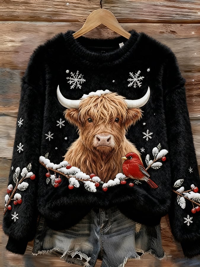 Women's Christmas Highland Denim Print Sweatshirt