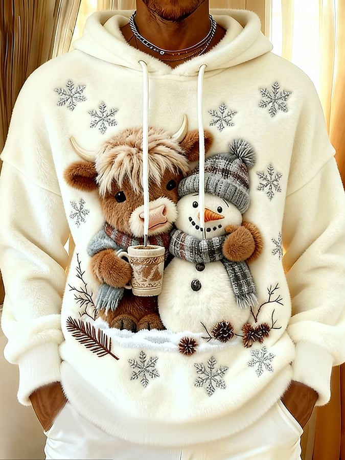 Men's Cute Animal Highland Cow Yeti Flannel Print Hooded Top