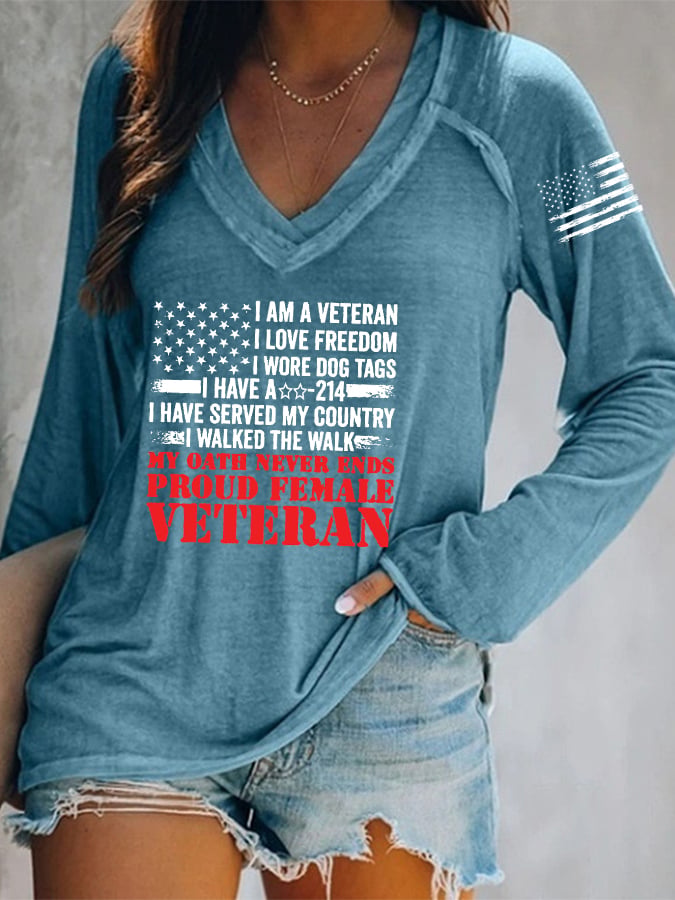 Women's Proud Female Veteran Printed V-Neck Long Sleeve T-Shirt