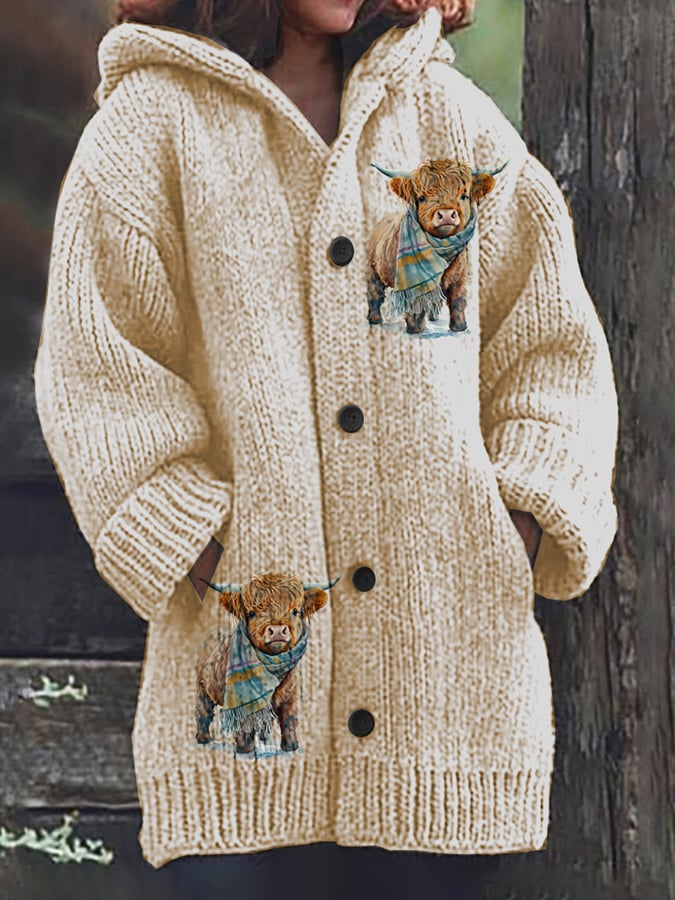 Women's Casual Highland Yak Print Hooded Cardigan