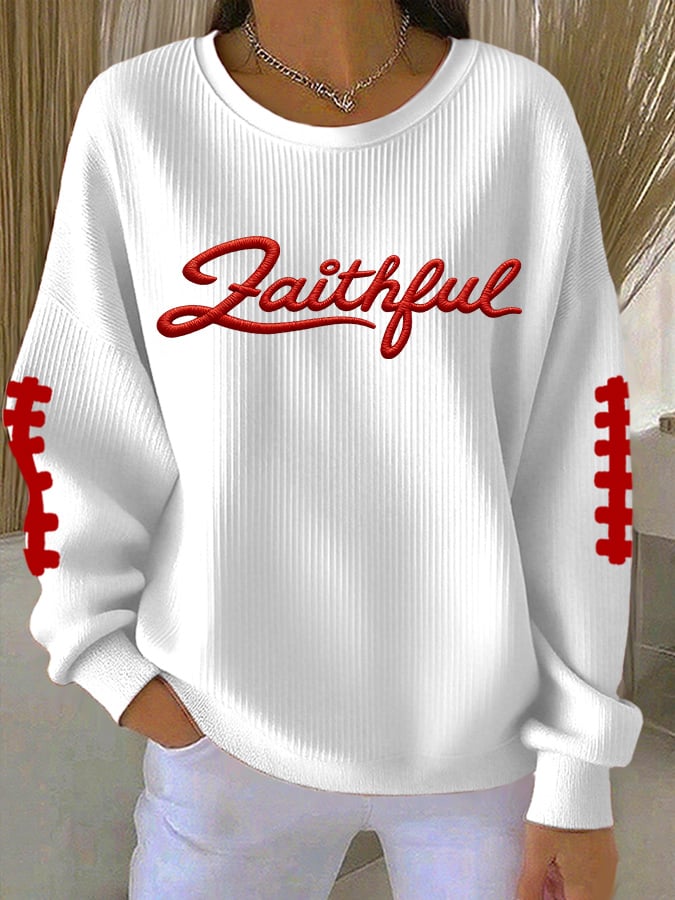 Women's Football Print Knit Crew Neck Long Sleeve Top