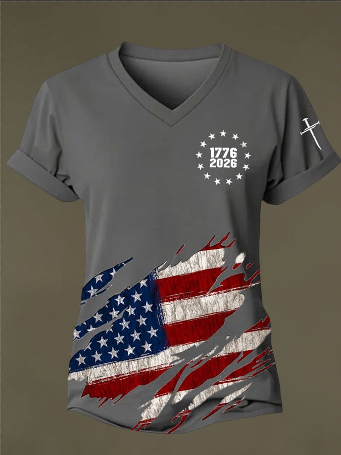 Women's Vintage American Flag Print Casual T-shirt
