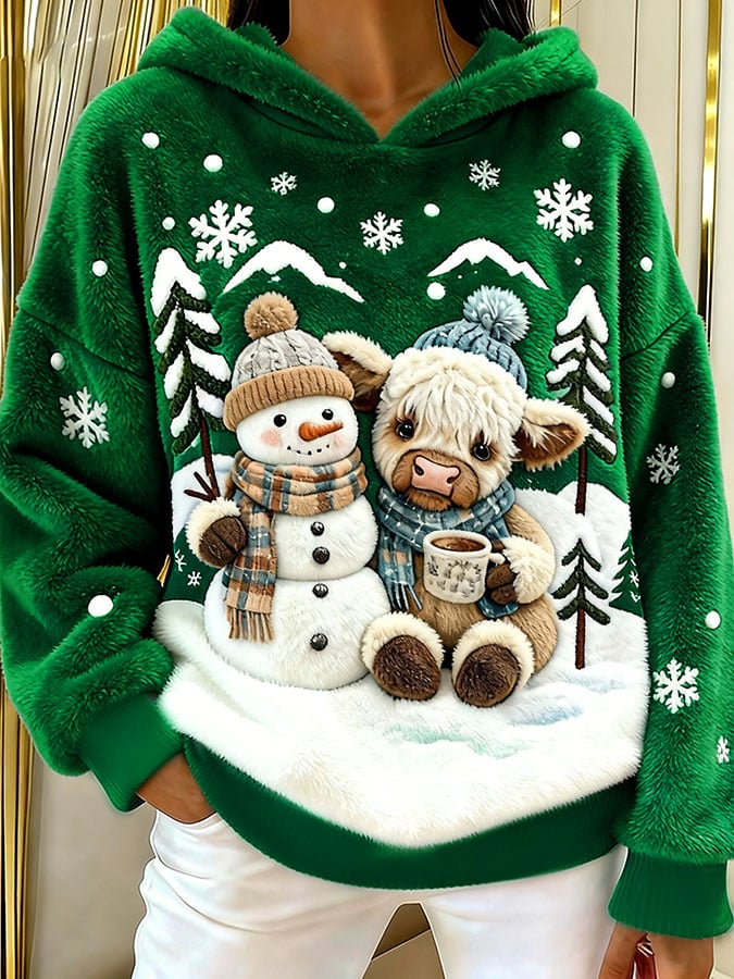 Women's Highland Cow Snowman Flannel Hooded Sweatshirt