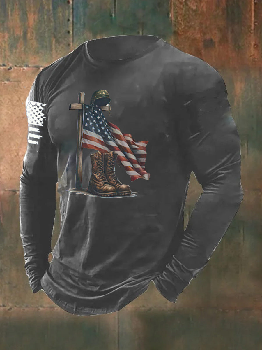 Men's Aintage Faith Veteran Flag Print Long Sleeve Cotton T-Shirt
