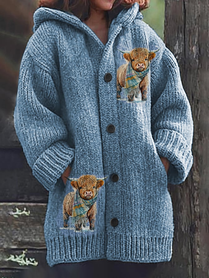 Women's Casual Highland Yak Print Hooded Cardigan