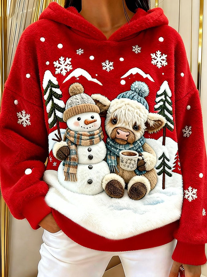 Women's Highland Cow Snowman Flannel Hooded Sweatshirt