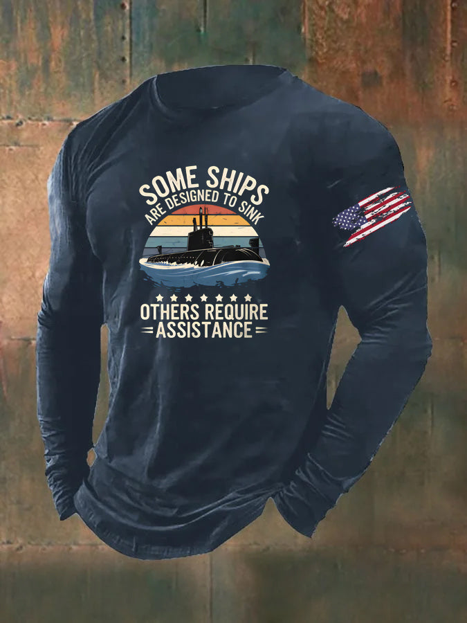 Men's  Navy Vintage Pattern Long Sleeve 100% Cotton T-Shirt