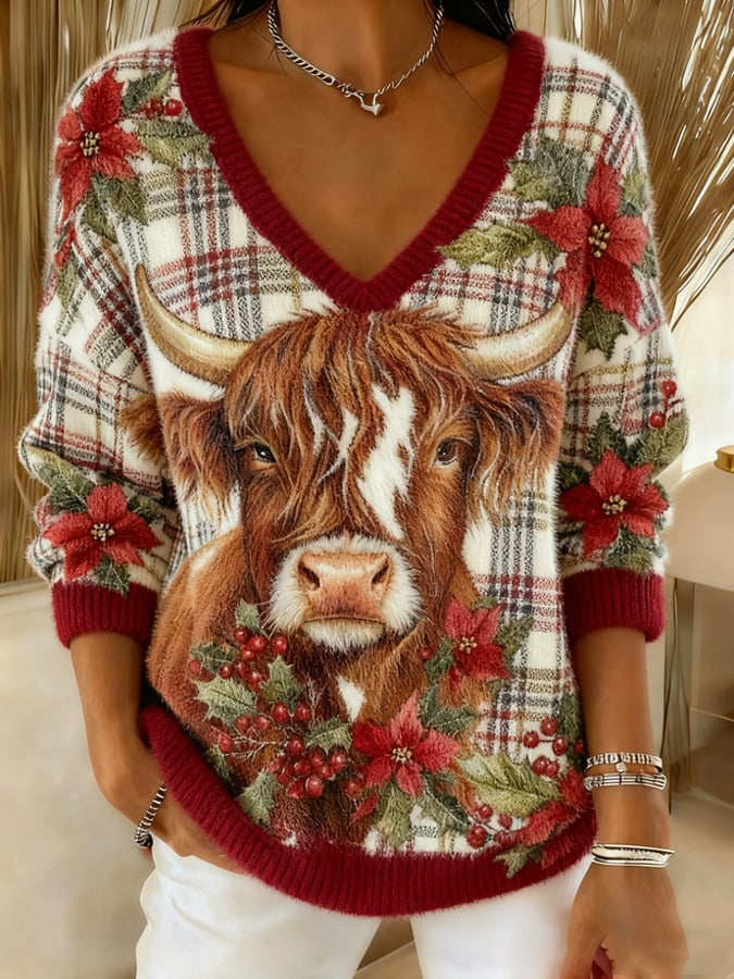 Women's Christmas Highland Bull Print Flannel Sweatshirts