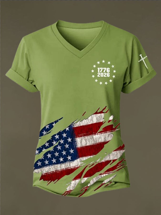 Women's Vintage American Flag Print Casual T-shirt