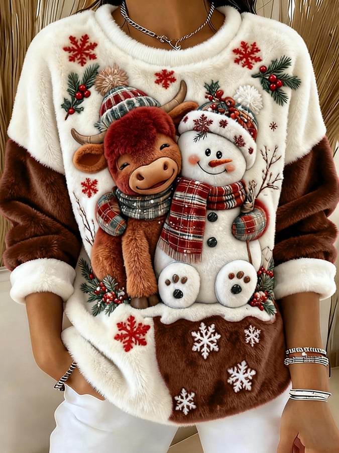 Women's Animal Highland Cow Art Print Crew Neck Top