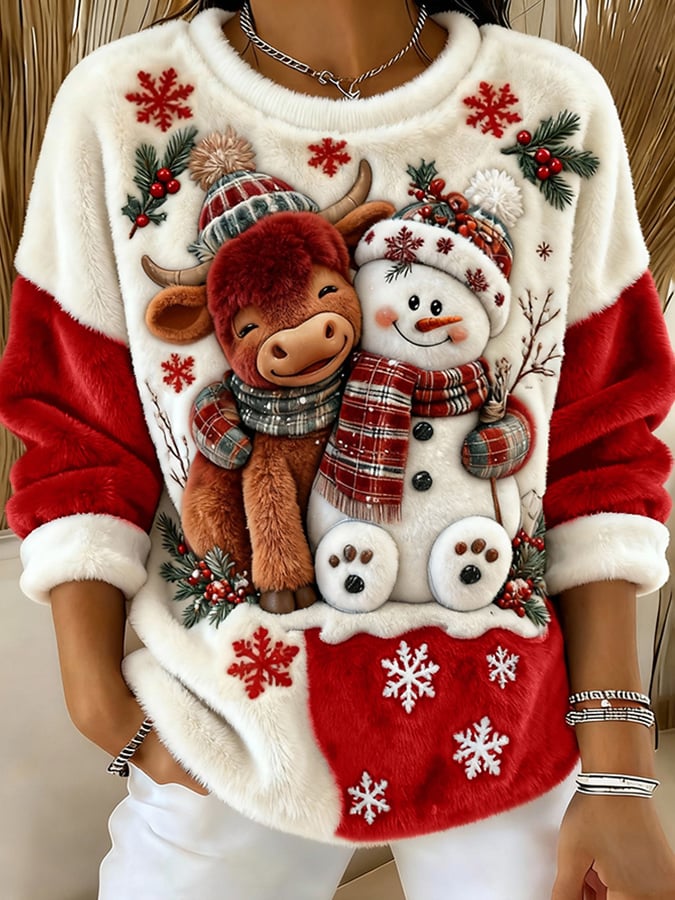 Women's Animal Highland Cow Art Print Crew Neck Top