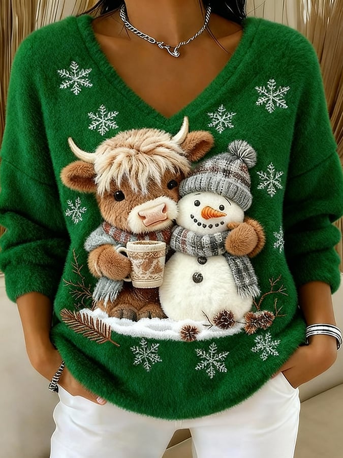 Women's Animal Highland Cow Yeti Art Print V-Neck Top