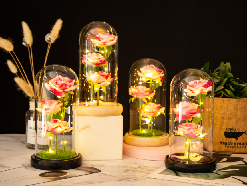 Rose in a glass dome preserved flower  creative Valentine's Day night light.
