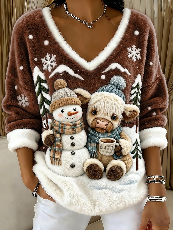 Women's Animal Highland Cow Yeti Art Print V-Neck Top