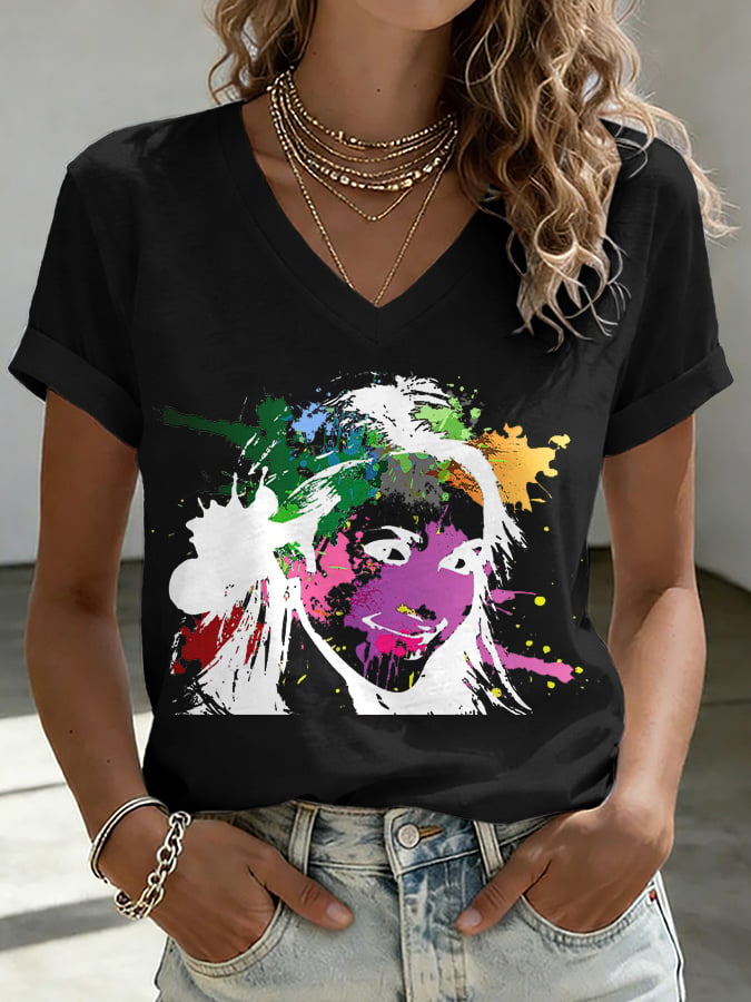 V-Neck Retro Watercolor Painting Print T-Shirt