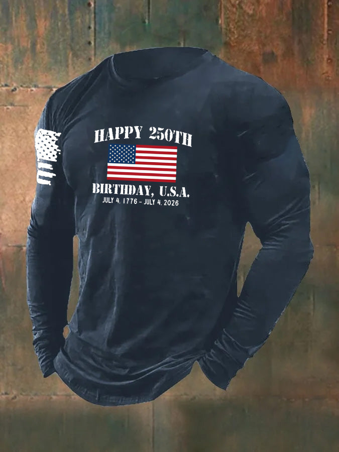 Men's Happy 250th Birthady U.S.A. Pattern Long Sleeve 100% Cotton T-Shirt