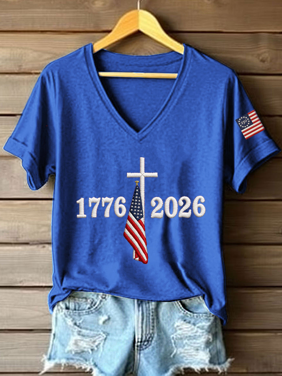 Women's 250th Anniversary Embroidered V-Neck T-Shirt
