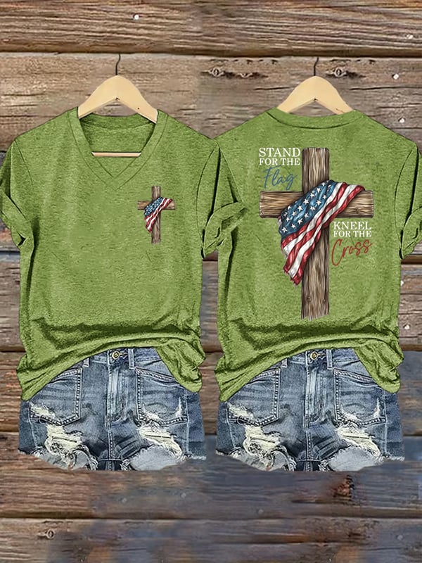 Women's Stand For The Flag Kneel For The Cross Printed Casual V-Neck T-Shirt
