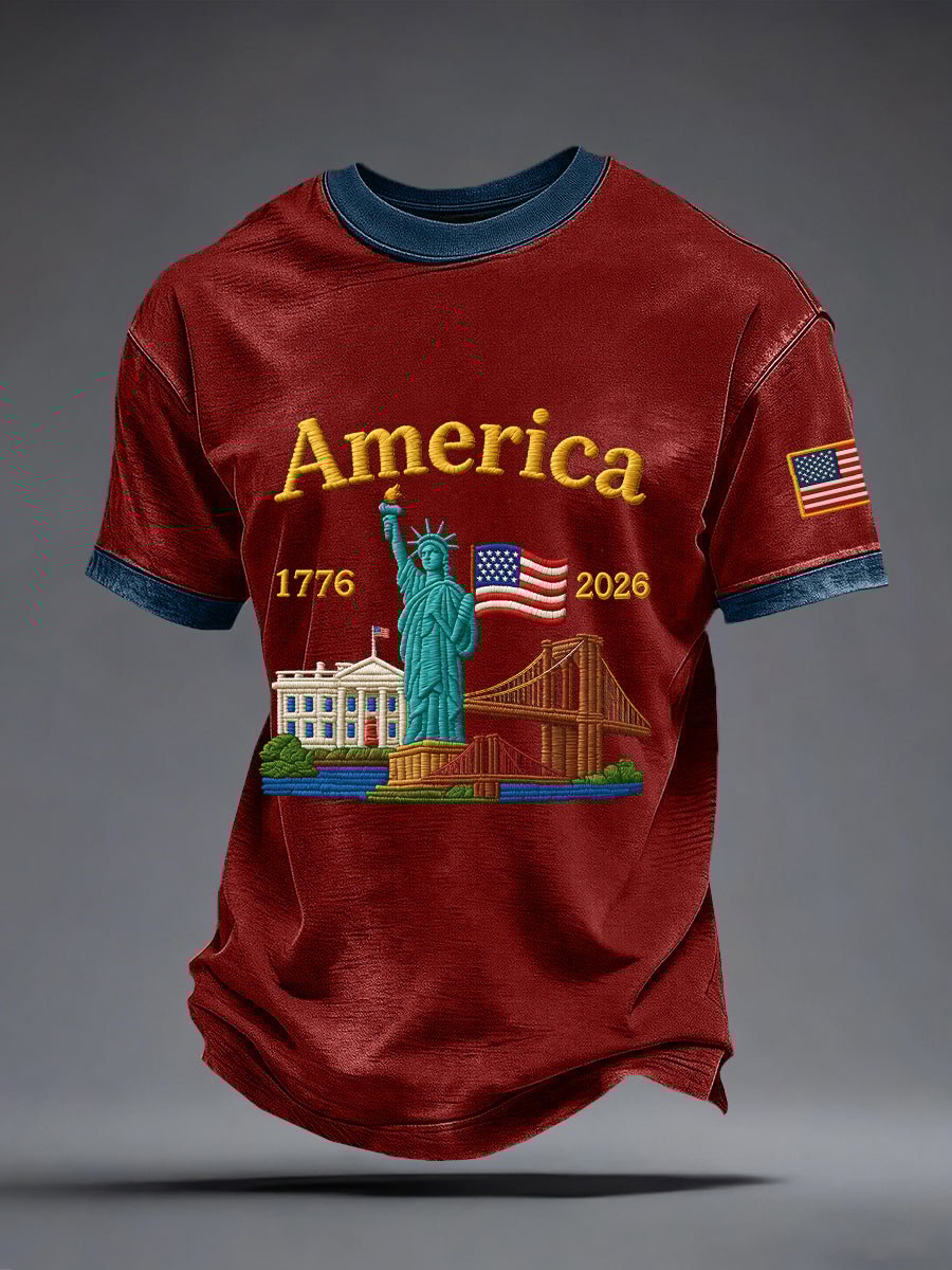 Men's America 250th Anniversary – 1776–2026 Heritage Landmark Print Casual T-Shirt