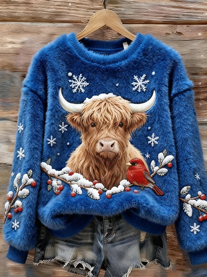 Women's Christmas Highland Denim Print Sweatshirt