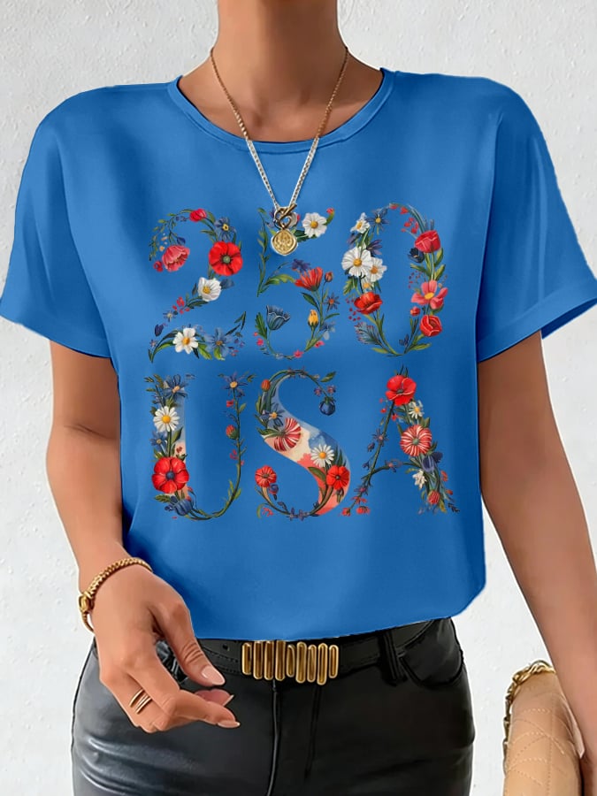 Women's 250th Anniversary National Flag Floral Print Casual T-Shirt