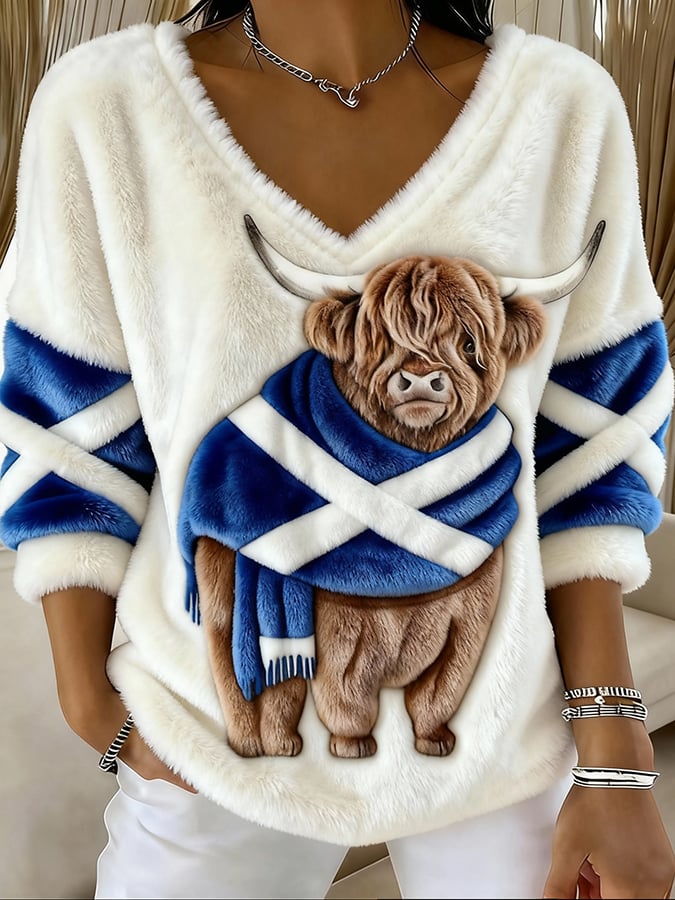 Women's Animal Highland Cow Print V-Neck Top