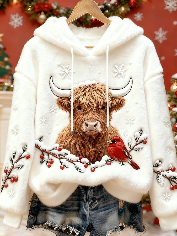 Women's Christmas Highland Denim Print Sweatshirt