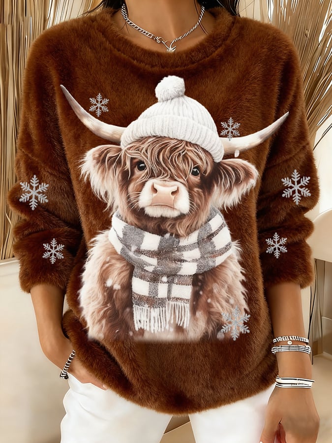 Women's Animal Highland Cow Art Print Round Neck Top