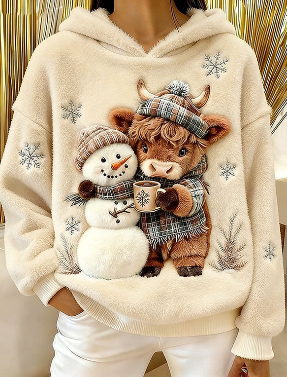 Women's Highland Cow Snowman Flannel Hooded Sweatshirt