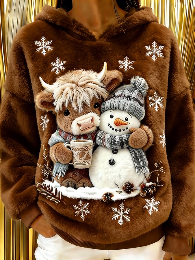 Women's Highland Cow Snowman Flannel Hooded Sweatshirt