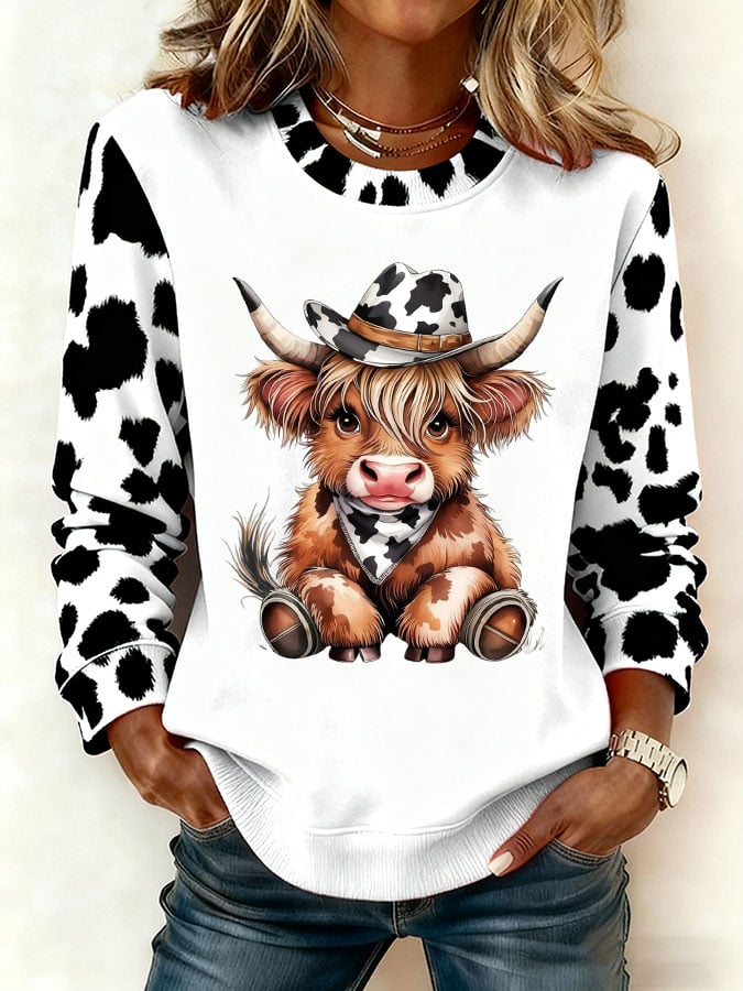 Women's Retro Cute Highland Milk Cow Print Color Block Sweatshirt