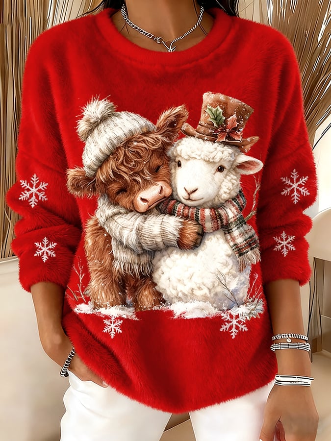 Women's Farm Animal Print Crew Neck Top