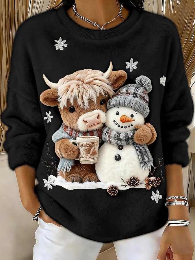 Women's Animal Highland Cow Yeti Art Print Crew Neck Top