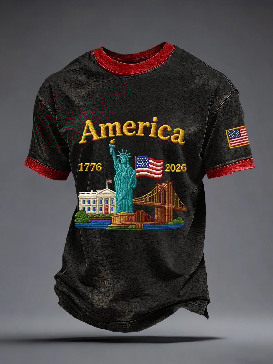 Men's America 250th Anniversary – 1776–2026 Heritage Landmark Print Casual T-Shirt