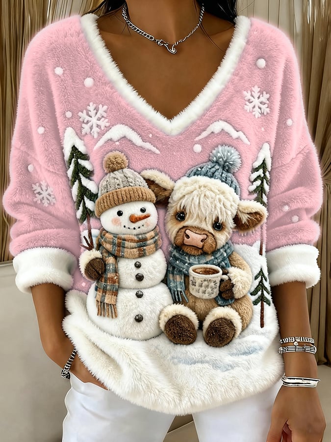 Women's Animal Highland Cow Yeti Art Print V-Neck Top