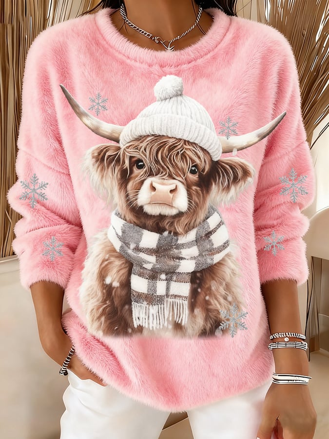 Women's Animal Highland Cow Art Print Round Neck Top