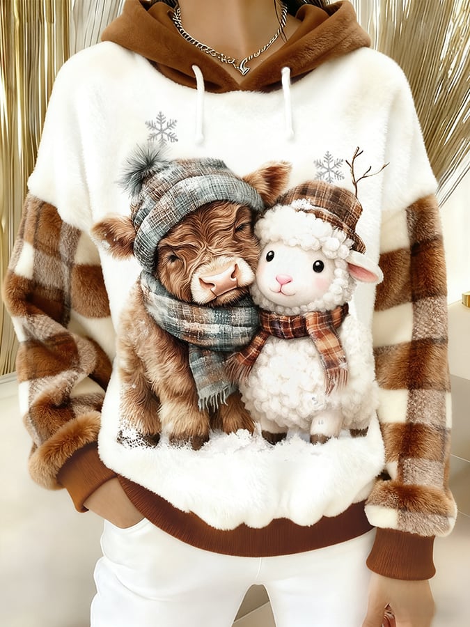 Women's Farm Animal Print Plush Warm Hooded Sweatshirt