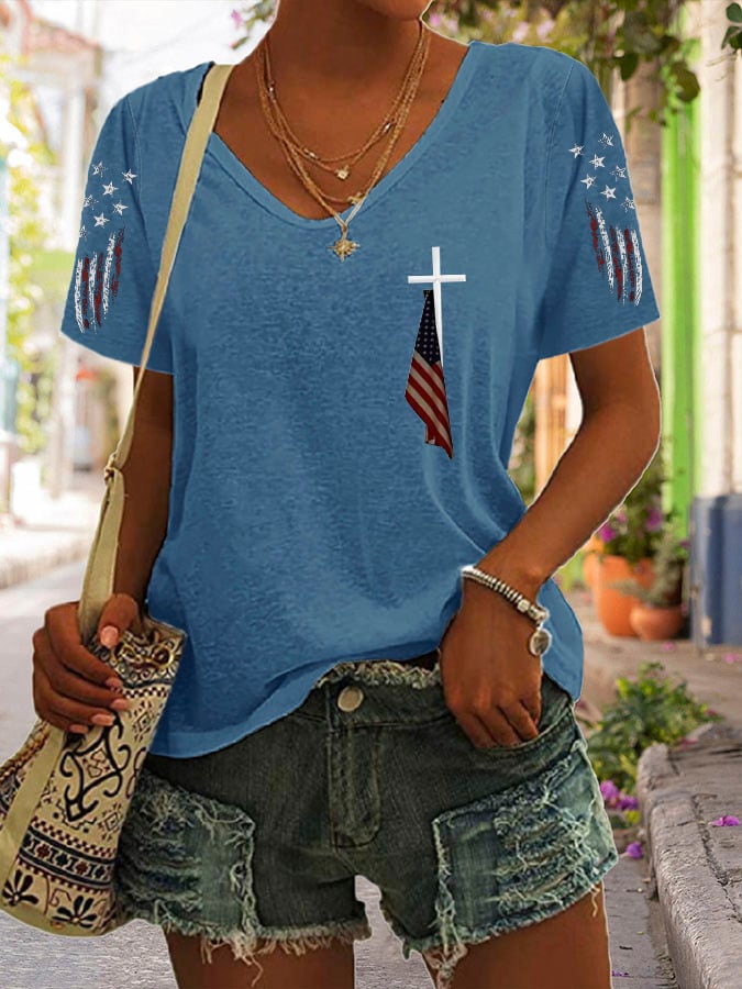 Women's Cross Flag Print Casual T-shirt