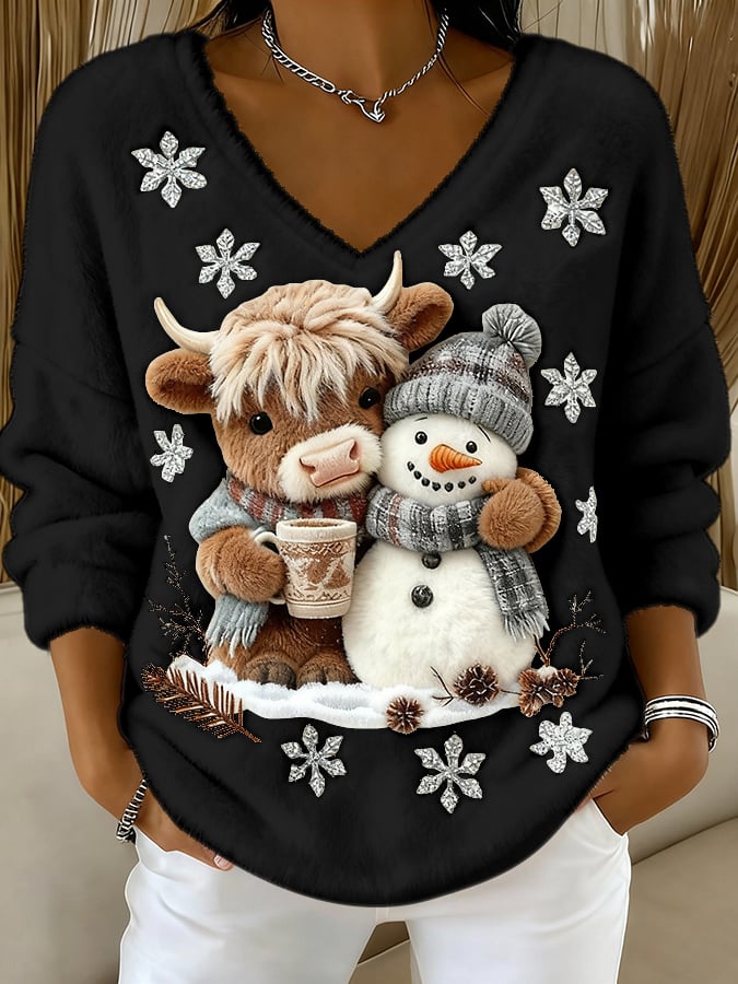 Women's Animal Highland Cow Yeti Art Print V-Neck Top