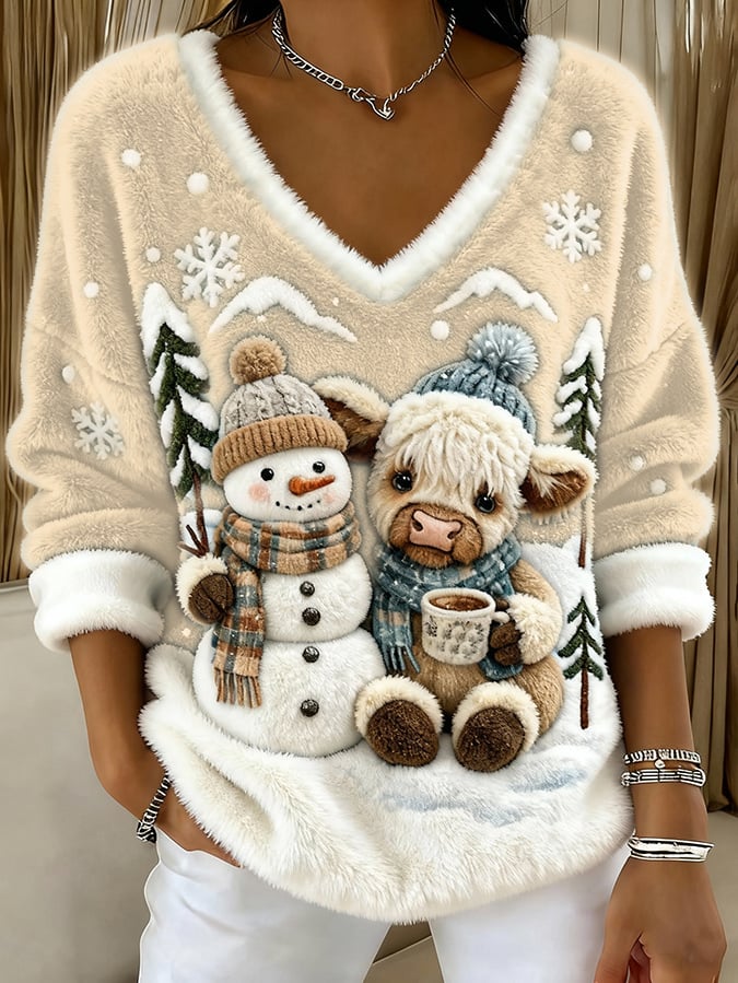 Women's Animal Highland Cow Yeti Art Print V-Neck Top