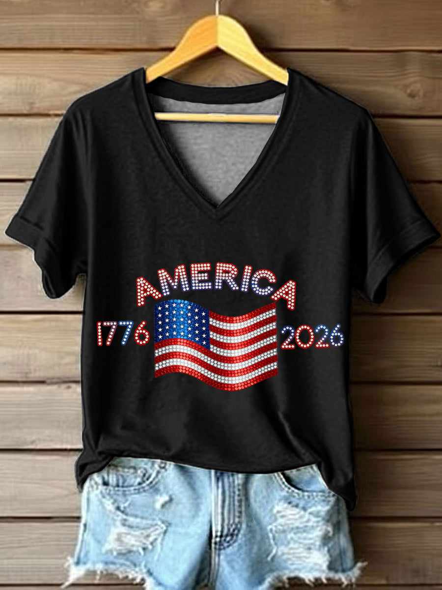 Women's American 1776-2026 Rhinestone Pattern V-Neck T-Shirt