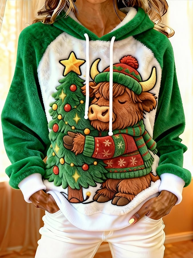 Women'S Cute Animal Highland Cow Print Flannel Raglan Sleeve Hooded Top