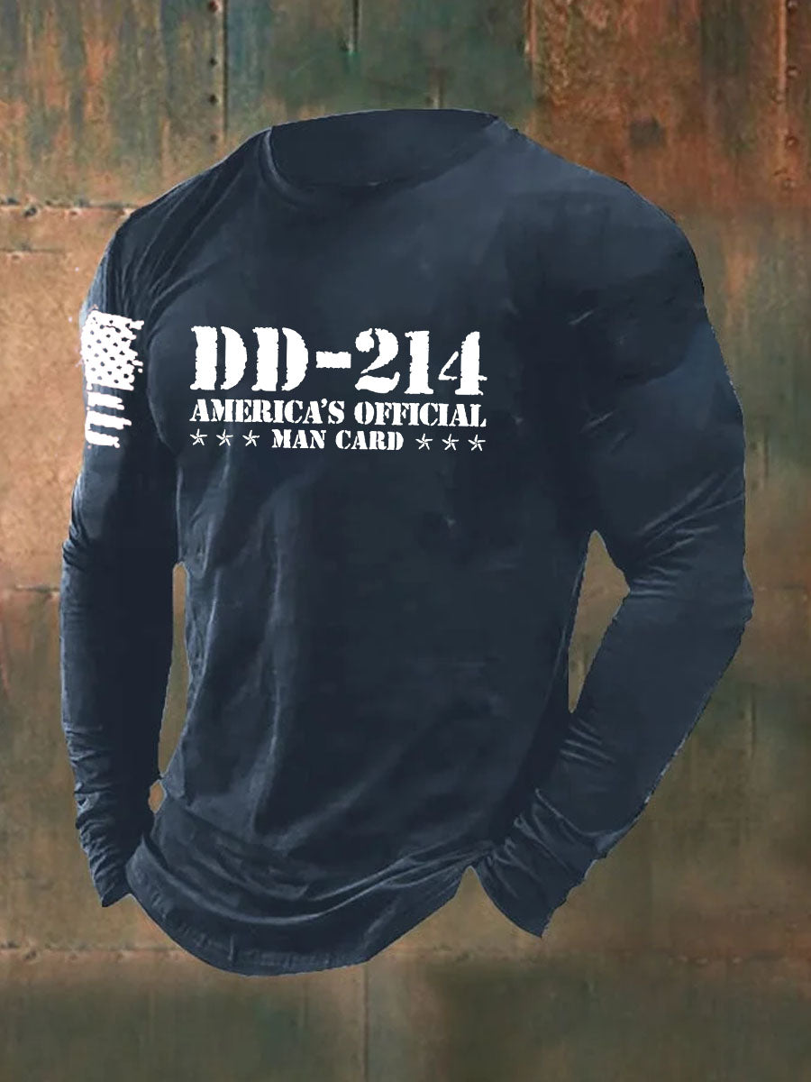 DD-214 American`s Offical Man Card Printed Long Sleeve Cotton T-Shirt