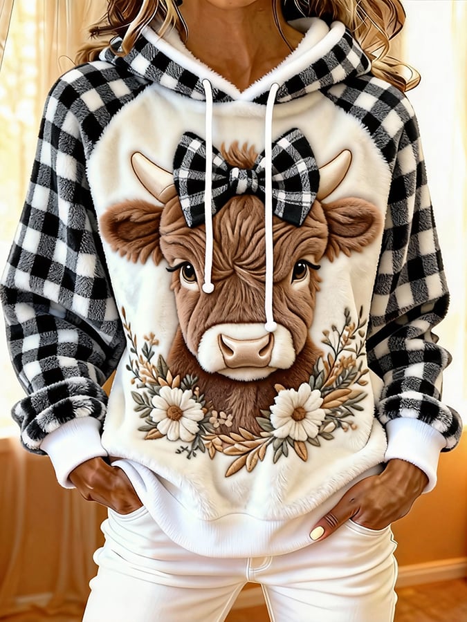 Women'S Cute Animal Highland Cow Print Flannel Raglan Sleeve Hooded Top