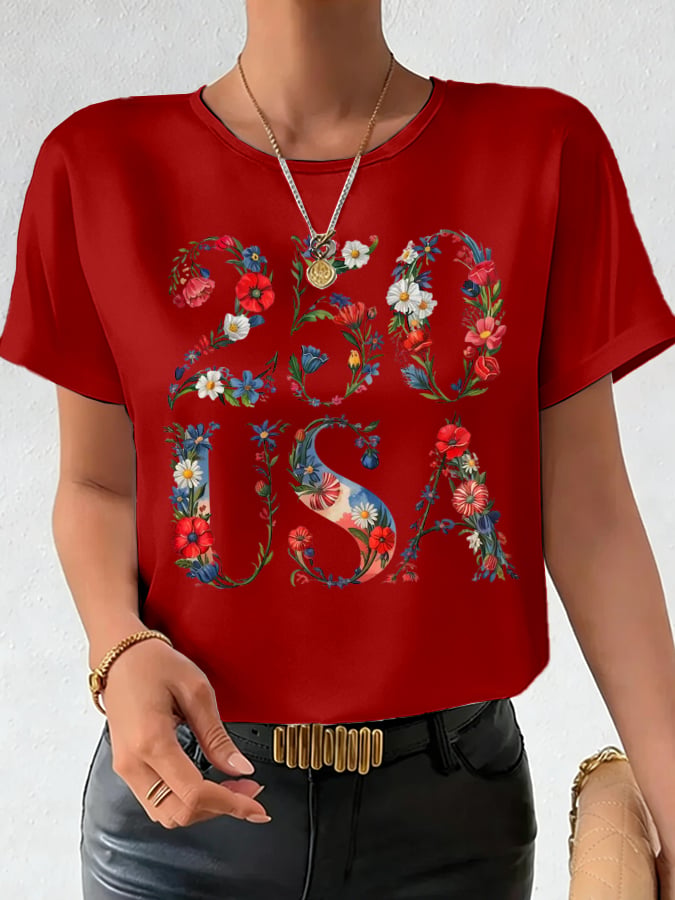 Women's 250th Anniversary National Flag Floral Print Casual T-Shirt