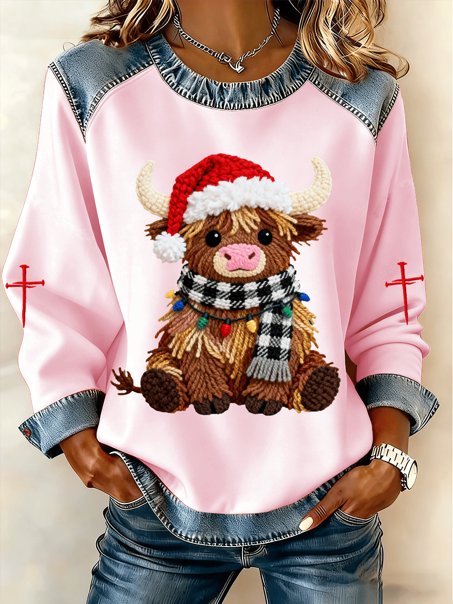 Women's Christmas Highland Cow Faith Print Fleece Sweatshirt