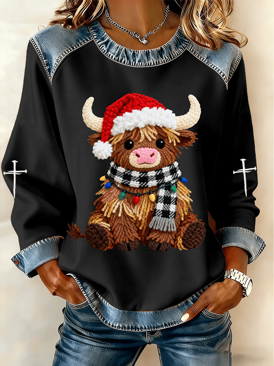 Women's Christmas Highland Cow Faith Print Fleece Sweatshirt