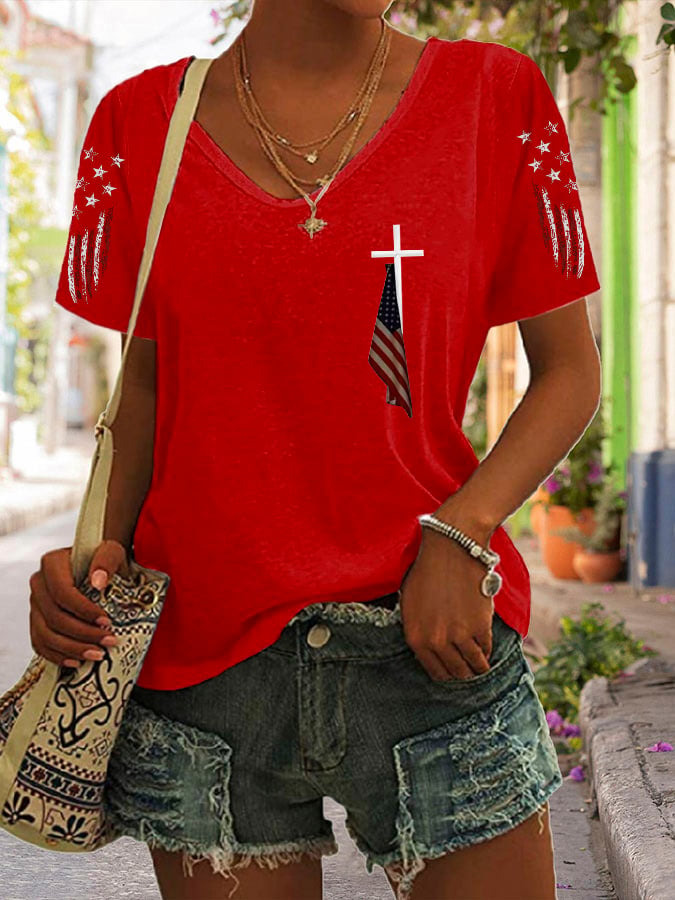 Women's Cross Flag Print Casual T-shirt